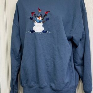 Charming Blue Snowman with Cardinals Crew Neck Sweater